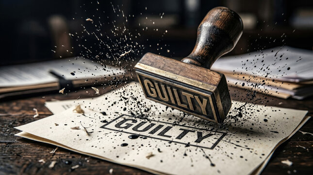 Guilty stamp on paper with ink splatter