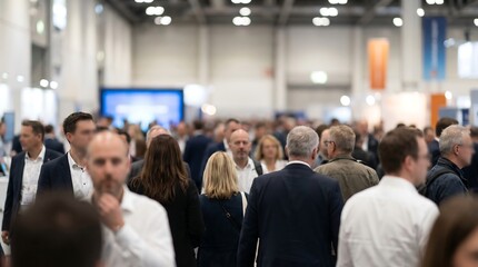 Obraz premium Blurred crowd of business people attending a corporate trade show in a large exhibition hall with bright lighting and colorful booths in the background for business concepts