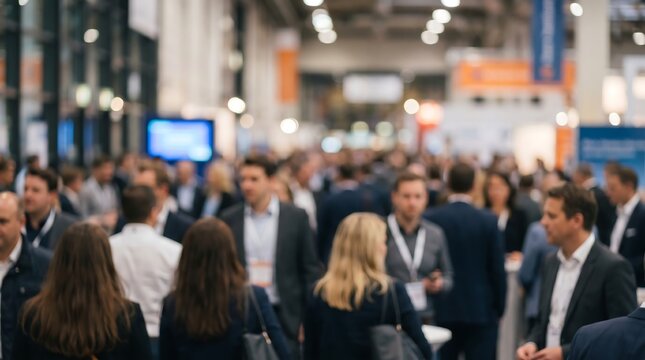 Blurred crowd of business professionals walking through a large exhibition hall during a corporate trade show with bright lighting and colorful displays for commercial concepts