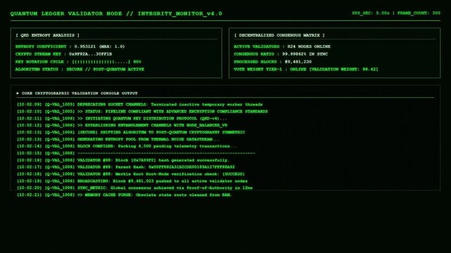 Quantum Ledger Validator Node Cryptographic Data Terminal Green Screen Loop.