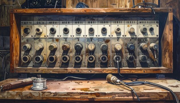 Vintage audio patch bay with rows of jack sockets and soldered connections in rustic studio setting