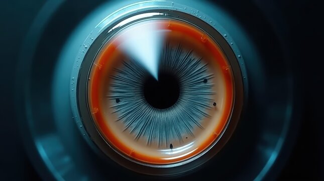 Futuristic bionic eye with blue iris and orange mechanical ring, robotic ocular implant for cybernetic vision, high-tech biometric security sensor