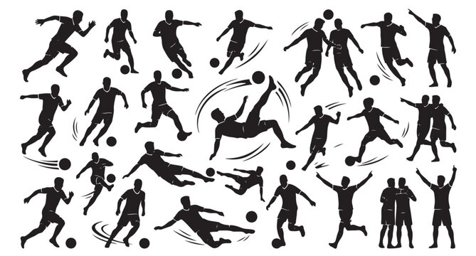 Collection of black soccer player silhouettes in action poses, kicking and running with football, a ball on the field for sports design