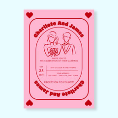Minimalist Pink and Red Wedding Invitation Card Template Featuring Modern Line Art Illustration of Bride and Groom © Proyecto Randy