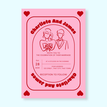 Minimalist Pink and Red Wedding Invitation Card Template Featuring Modern Line Art Illustration of Bride and Groom
