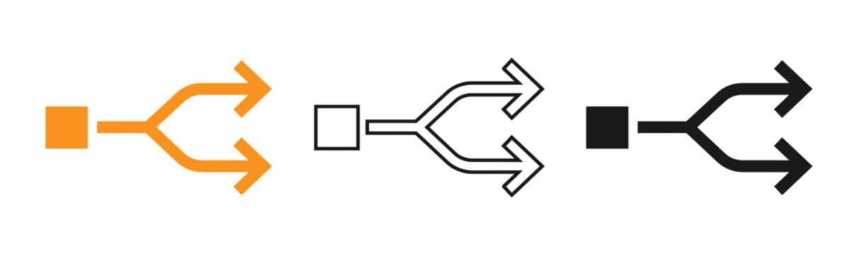 Bifurcation icons set orange black and white vector illustration of a splitting path