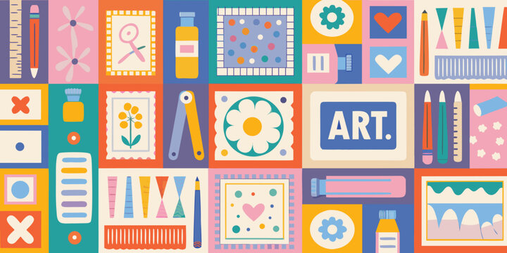 art supplies pattern colorful grid of creative tools and elements