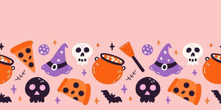 halloween pattern with skulls potion and witch hat