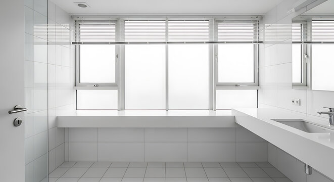 Minimalist white kitchen with open shelving and subway tile backsplash cabinets shelves