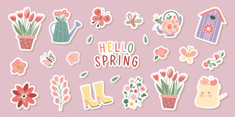 spring sticker collection with flowers watering can and butterfly © Tapan