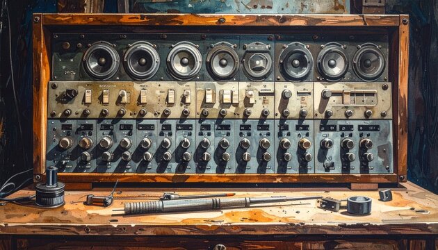 Vintage audio patch bay with rows of jack sockets in wooden case close-up studio setting