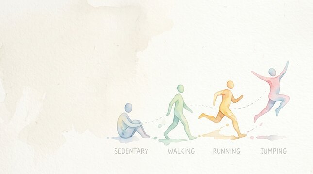 Watercolor art shows human activity: sitting, walking, running, jumping