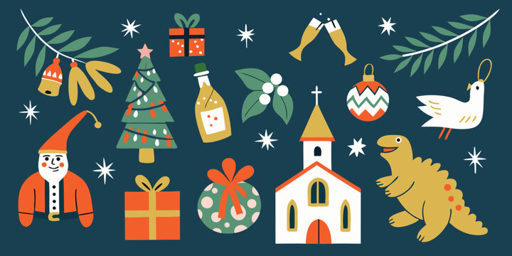 festive illustration with christmas and whimsical elements in flat style