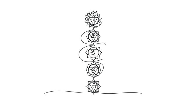 Continuous one line drawing of stacked chakra symbols.