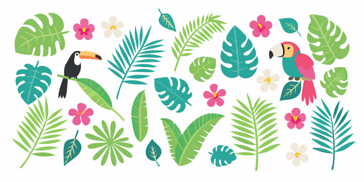 tropical leaves and birds illustration on white background