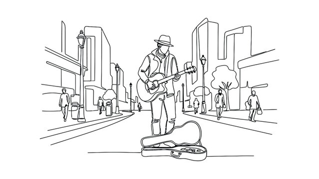A male street performer playing acoustic guitar on the sidewalk.