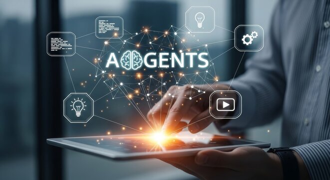 Business professional interacting with AI agents network on digital tablet in modern office