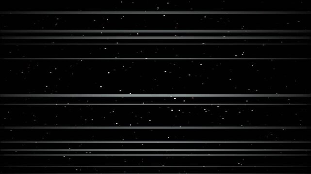 Analog signal interference glitch with horizontal scanlines and flickering dust particles on black background for video production