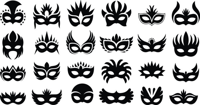 Venetian carnival mask silhouettes collection isolated on white background, decorative masquerade party design elements for festival, theater costume and celebration concept