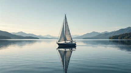 Fototapeta premium Sailboat glides gently across calm lake waters. Mountains rise softly in distant background. Reflections mirror the boat perfectly on still surface. Sky holds soft hues of dawn or dusk light