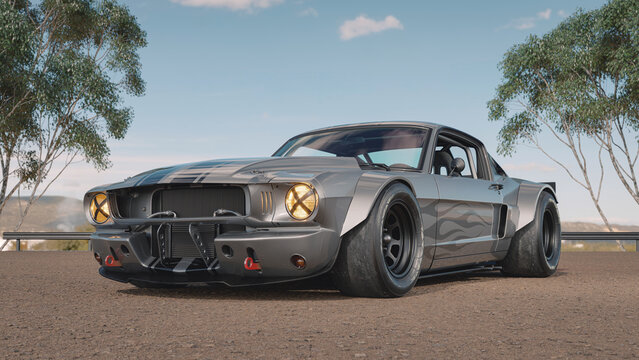USA &ndash; May 2026: 3D render of customized 1965 Ford Mustang classic muscle car 