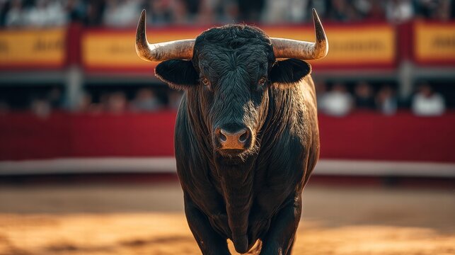 A black bull in a bullring is captured in a powerful, intense close-up.