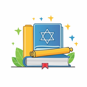Jewish religious symbols: Torah, Star of David, and scroll