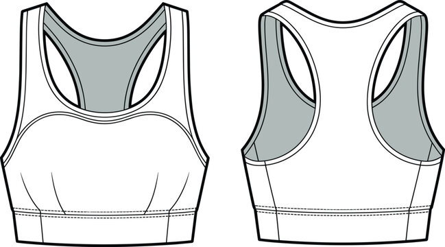 Women sports bra front and back view illustration, athletic activewear top design template isolated on white background for fitness fashion, gym clothing mockup and apparel branding