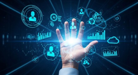 Obraz premium Human hand touching futuristic digital AI interface with glowing cybersecurity icons