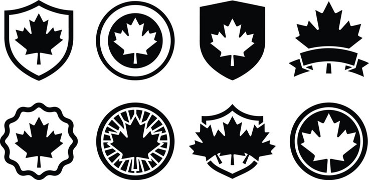 Canada maple leaf logos and icons in black and white for branding or design