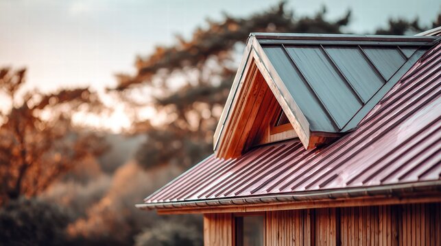 Wooden cabin roof with metal sheets against a blurred forest background.