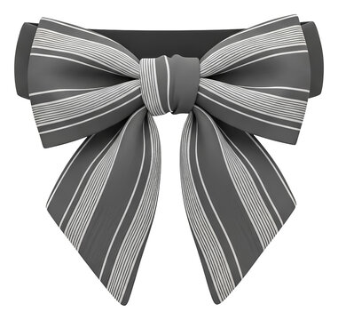 Close-up 3D render of a tied ribbon with stripes, in shades of grey
