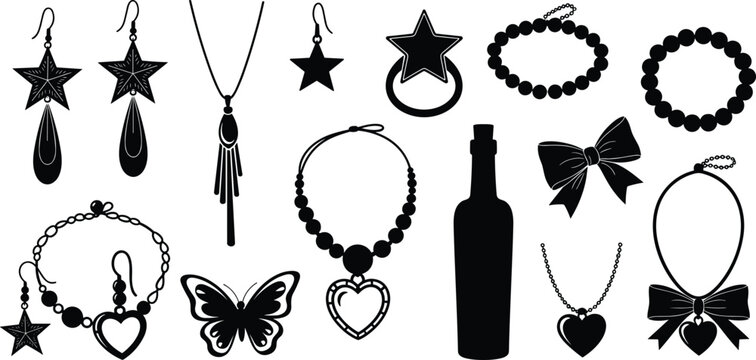Vector black silhouette collection of women's fashion jewelry accessories including star earrings necklaces bracelets hearts and bows isolated on white background illustration set.