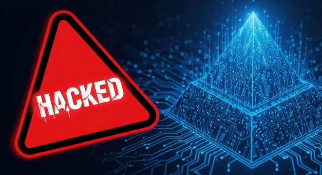 Hacked warning sign and digital network pyramid symbolizing cyber attack