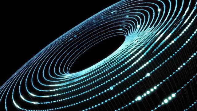 Abstract blue glowing particles forming a toroidal vortex shape on black background digital
