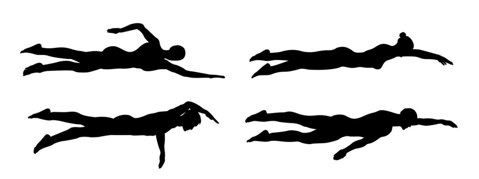 set of people swimming in the pool side view silhouettes for architectural assets. men and women swimmer. black shadow elevation vector illustration.