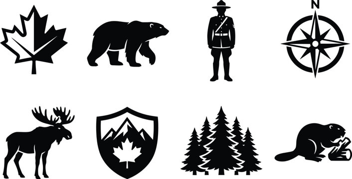 Canadian wilderness symbols with a Mountie and compass