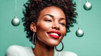 Naklejka premium Smiling Black Woman with Christmas Ornaments