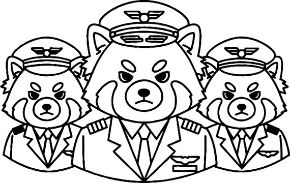 Raccoon airline pilots in professional uniforms and hats