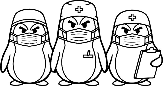 Group of penguin doctors wearing surgical masks and scrubs