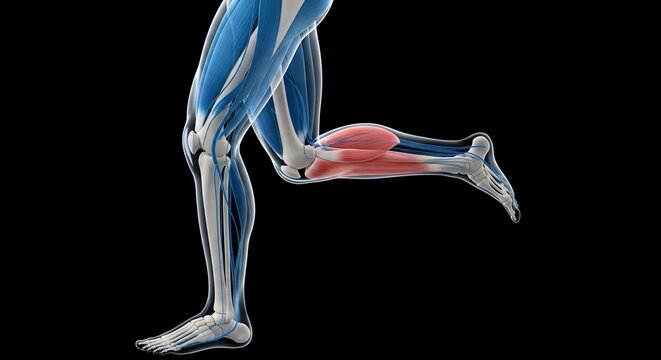 Detailed 3D Illustration of Human Leg Muscles and Bones in Motion Against Black Background