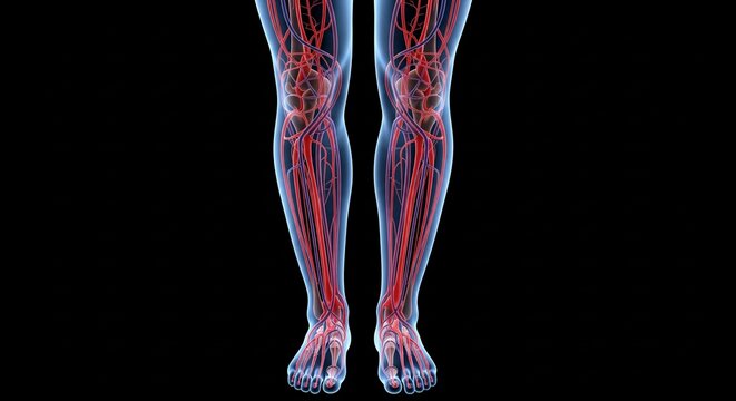 Detailed 3D medical illustration of human legs showing the circulatory system with arteries and veins against a black background