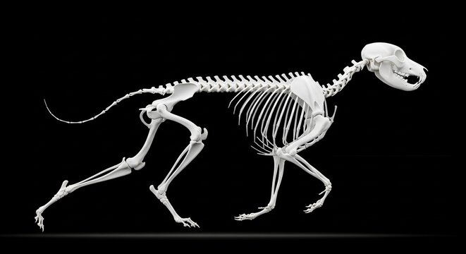 Detailed 3D Render of a Dog Skeleton in Motion Against a Black Background with Subtle Lighting and Shadow