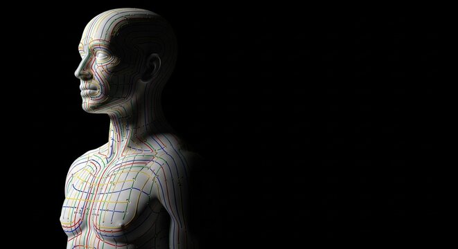 Anatomical model of human body with acupuncture meridians and points, side profile, isolated on black background, conceptual medical illustration
