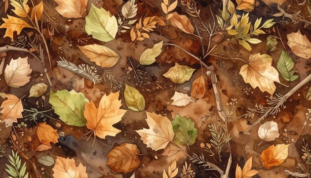Autumn forest floor with scattered fallen leaves and twigs in natural earthy setting