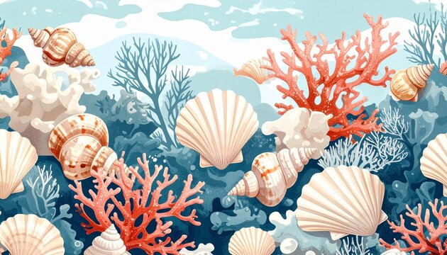 Seamless coral reef and seashell pattern in underwater coastal vector illustration with marine life theme