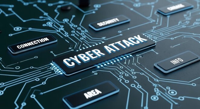 Abstract digital illustration of a computer chip labeled 'cyber attack'