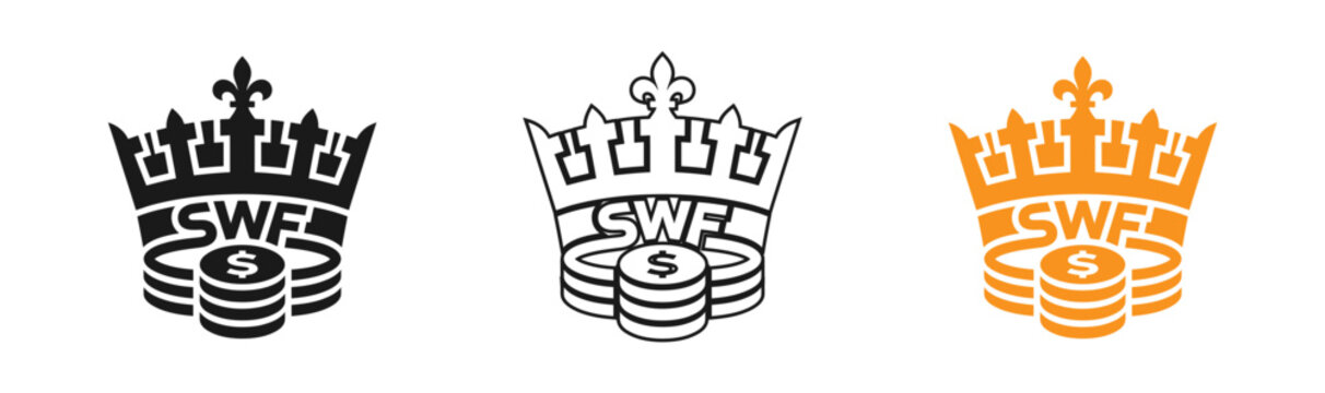 Three variations of a regal logo featuring a crown atop stacked coins with 'swf' initials