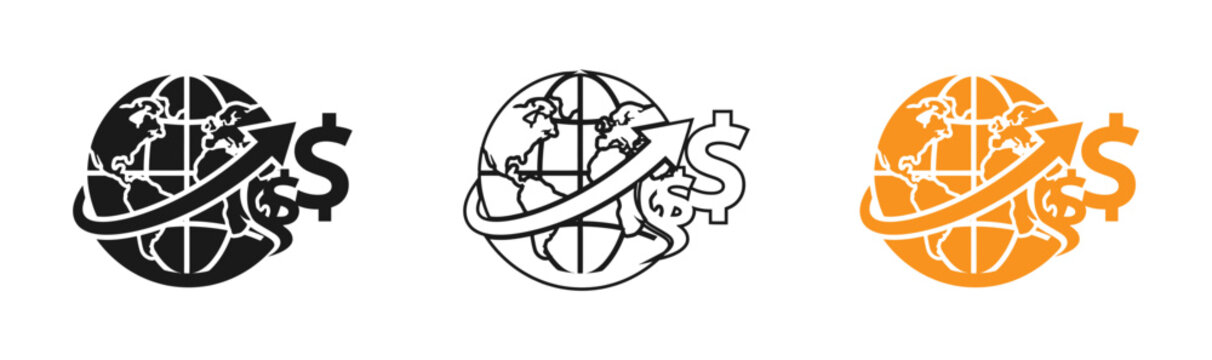 Global finance icon set earth globe with dollar sign and orbiting arrow vector illustration