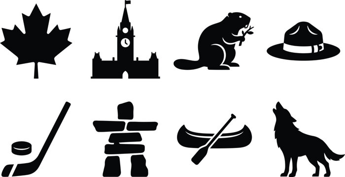 Canadian symbols and icons including maple leaf, beaver, and hockey stick in black silhouette on white background